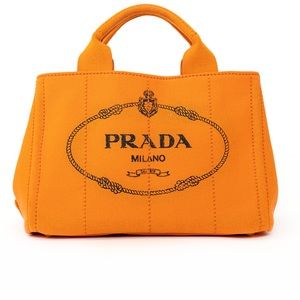 Prada Papaya Orange Canapa Canvas Tote Handbag Small.